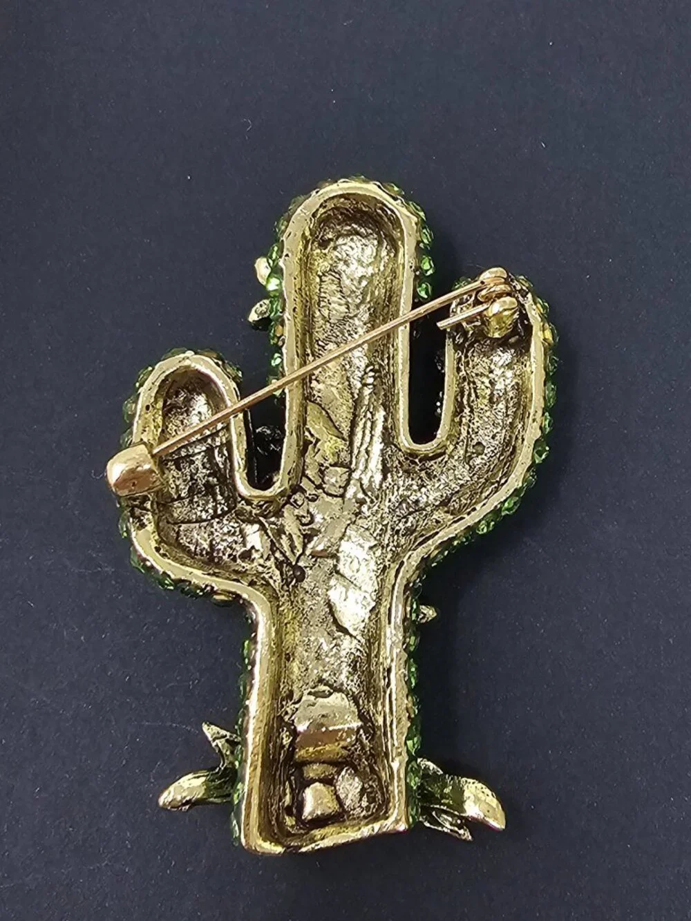Sparkling Green Cactus & Pink Flower Rhinestone Brooch Pin Gold Toned